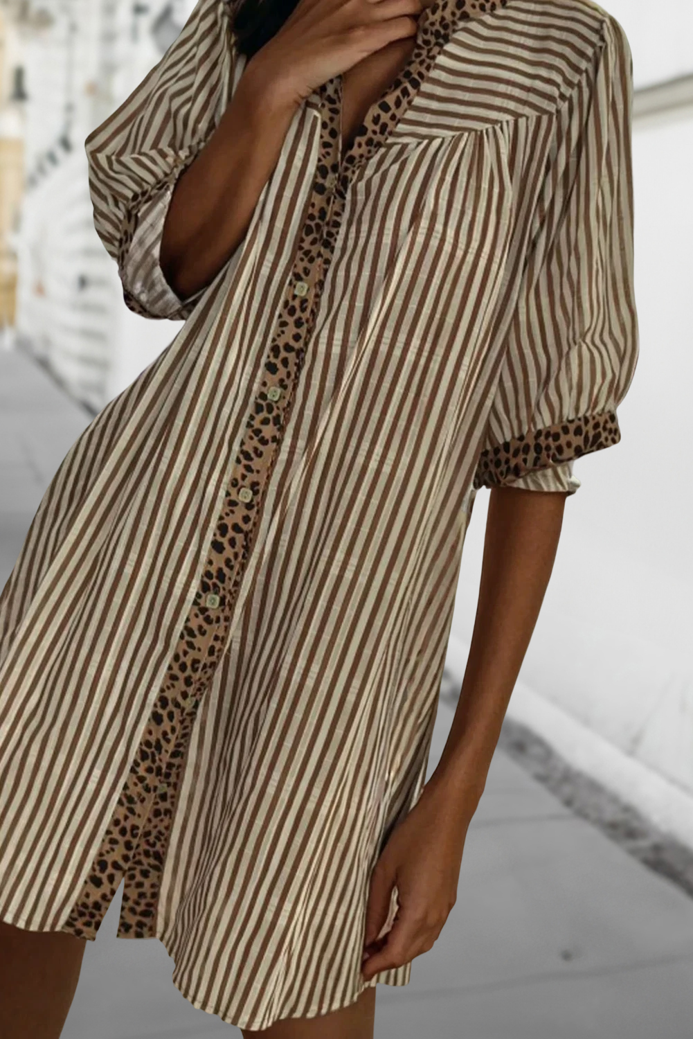 Leopard Trim Striped Mini Shirt Dress