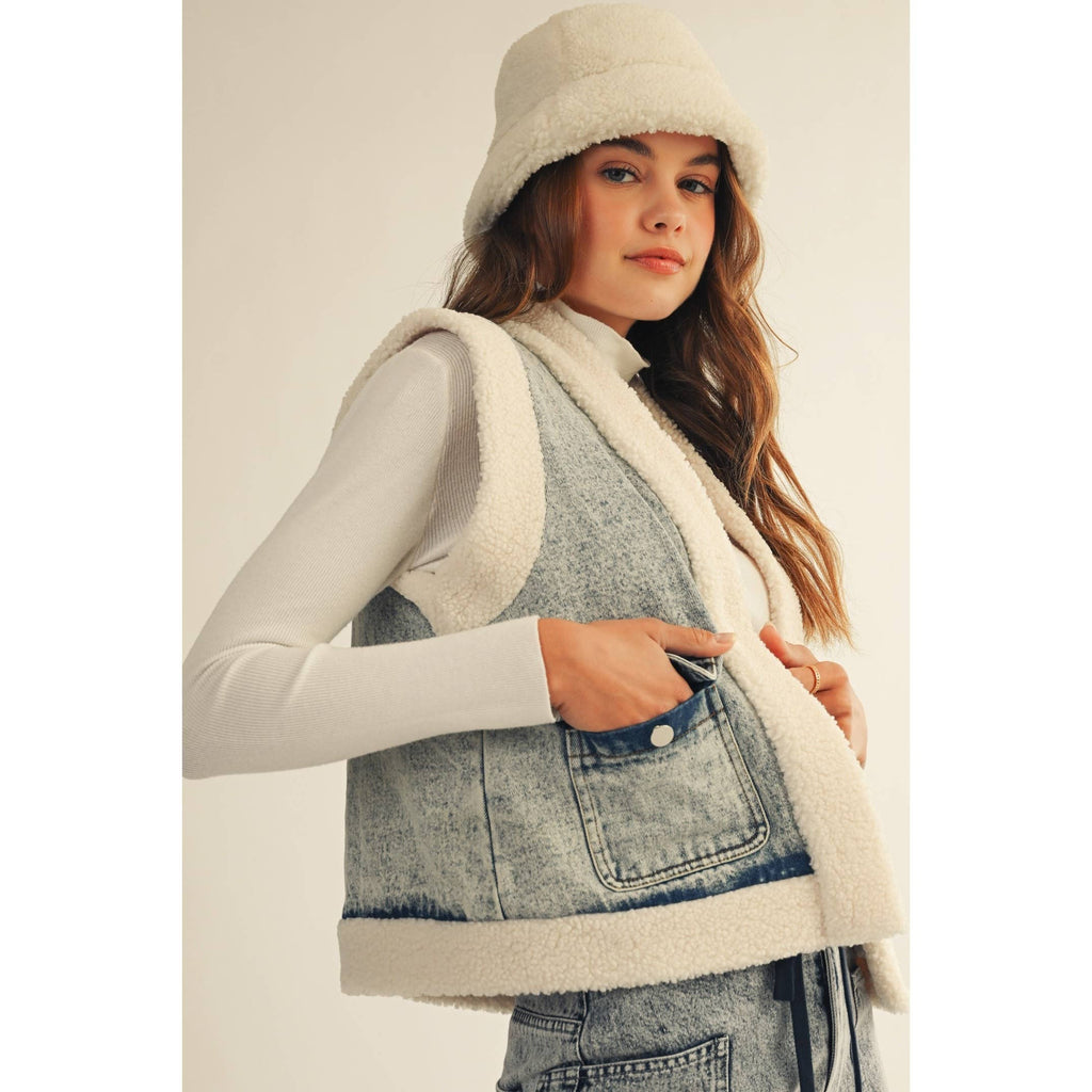 Washed Vintage Denim Fleece Vest