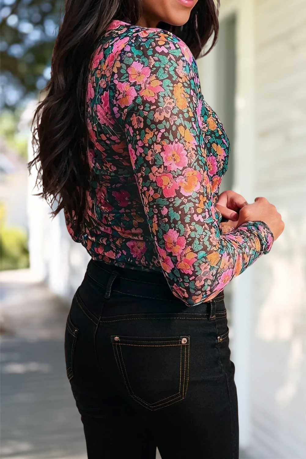 Floral Mesh Mock Neck Long Sleeve Top
