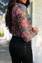 Floral Mesh Mock Neck Long Sleeve Top
